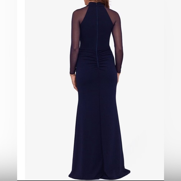 Mock Neck Illusion Long Sleeve Ruffled Scuba Crepe Mesh Gown - Picture 3 of 3